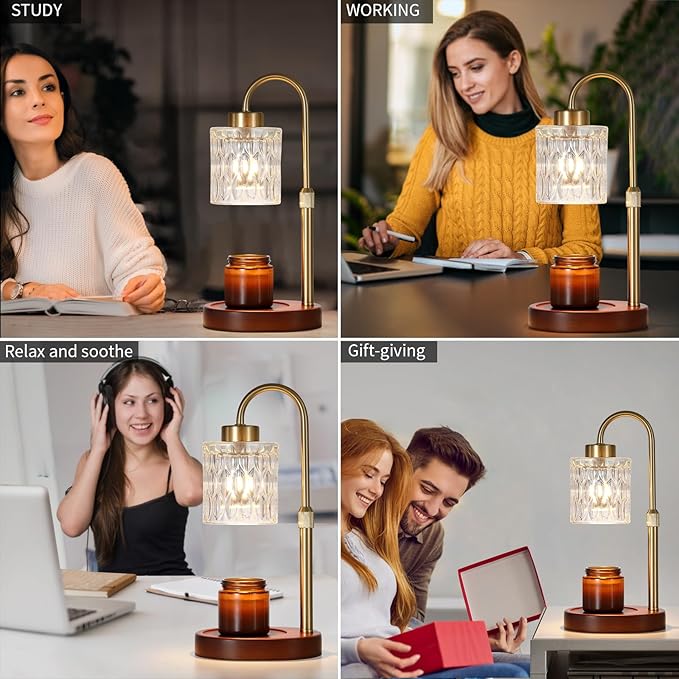 Candle Warmer Lamp with Dimmer and Timer,Home Decor Lamp for Scented Jar,Antique Brass Electric Wax Melt Warmer,Mother's Day/Birthday/Christmas Gifts for Mom/Wife,Adjustable Height,with 2 Bulbs