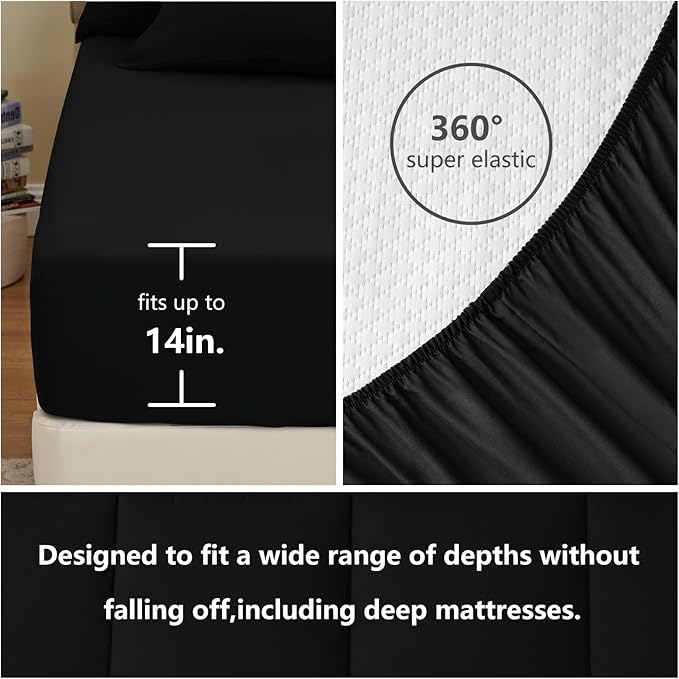 CozyLux Twin Comforter Set with Sheets Black, 5 Pieces Bed in a Bag, Black Comforter Twin Size, All Season Bedding Set with Stitch Quilted Comforter, Flat Sheet, Fitted Sheet, Pillowcases