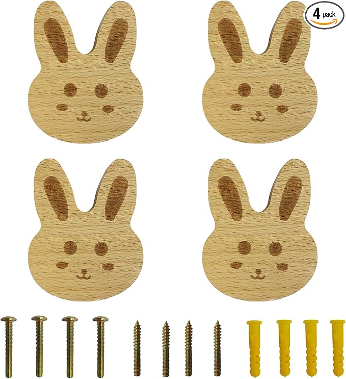 4PCS Wooden Rabbit Shaped Cabinet Knobs, Cabinet Handles, Single Hole Beech Wood Handles, Wood Hooks with Full Set of Screw Accessories