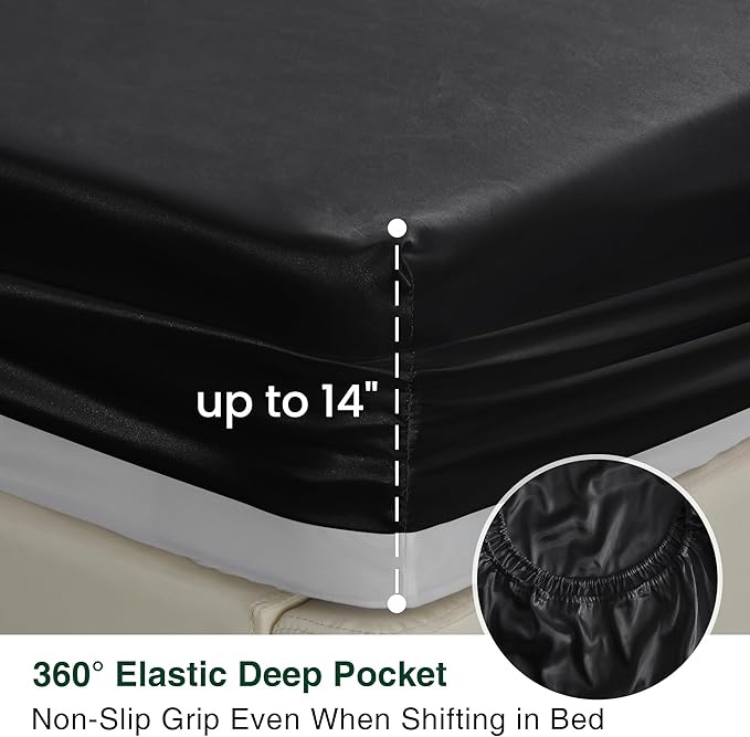 Love's cabin Satin Queen Sheets Set - 4 Piece Black Silky Bed Sheets Set with Deep Pocket, Luxury Silk Feel Satin Queen Size Sheet Set (1 Flat Sheet,1 Fitted Sheet,2 Pillow Cases)