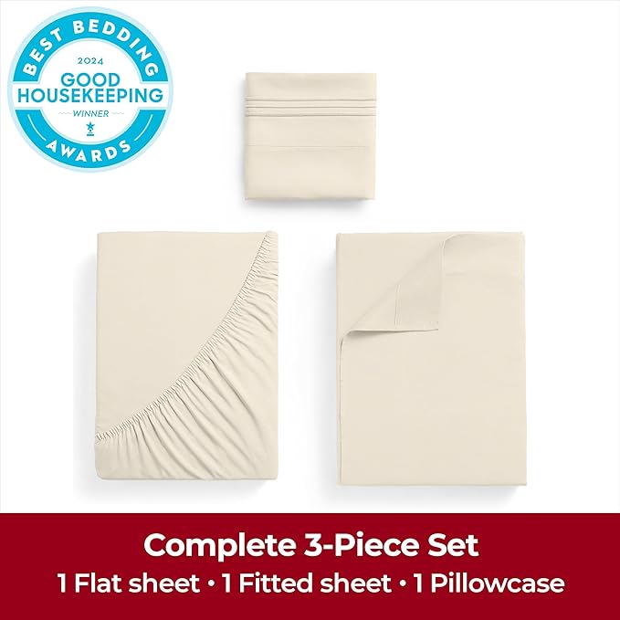 Mellanni Twin Sheets Set - 3 PC Iconic Collection Bedding - Hotel Luxury, Extra Soft, Cooling Bed Sheets - Wrinkle, Fade, Stain Resistant (Twin, Golden Ivory)