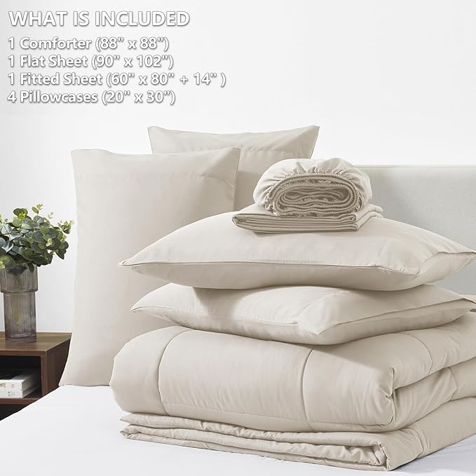 CozyLux Queen Comforter Set Beige, 7 Pieces Bed in a Bag, Beige Comforter Queen Size, All Season Bedding Sets with Stitch Quilted Comforter, Flat Sheet, Fitted Sheet, Pillowcases