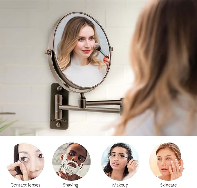 OVENTE 7" Wall Mounted Makeup Mirror with 1X/10X Magnification, Double Sided Magnifying Round Bathroom Vanity Mirror, 360° Swivel Design, Extendable and Folding Arm, Antique Bronze MNLFW70ABZ1X10X