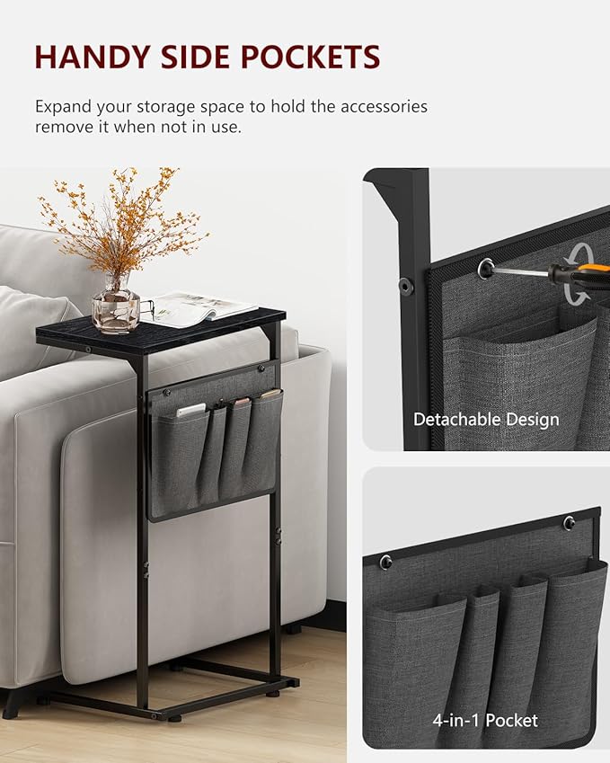 Vantic C Shaped End Table, Small Side Table for Couch and Recliner, Slide Under Sofa Tray Desk with Storage Bag for Living Room and Bedroom, Ebonized Oak