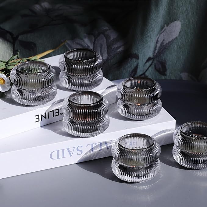 Woho Smoke Grey Ribbed Votive Candle Holder Set of 12, Vintage Tea Lights Candle Holder for Halloween Decorations, Glass Tealight Candle Holders for Holiday Party/Home Decor (Grey, 2.1" H X 2.75" D)