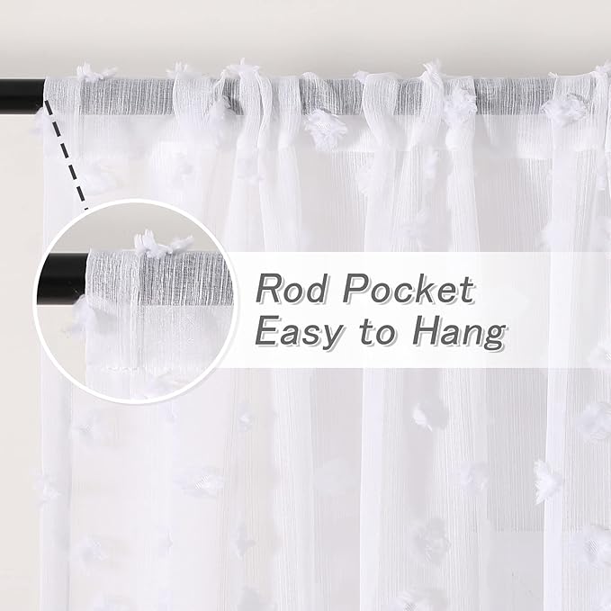 MYSKY HOME Pom Pom White Sheer Curtains for Bedroom Girls Room Curtains 84 Inches Long for Nursery Kids Light Filtering Boho Window Drapes, Rod Pocket, 52" Wide, 2 Panels