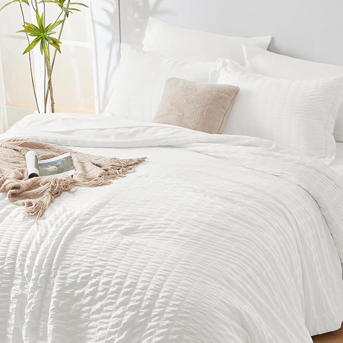 CozyLux Oversized King Comforter Set White Seersucker 7 Pieces 120x98 Bed in a Bag Comforter Set with Sheets, Luxury Soft Bedding Sets with Down Alternative Comforter, Sheets, Pillowcases & Shams