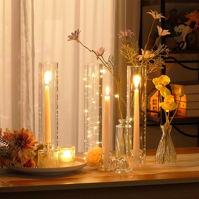 12 Set Christmas Glass Hurricane Candle Holders 12.6" Open Ended Glass Candleholder Tube Shape Bottomless and 2.2" Taper Clear Candlestick Holders for Wedding Party Table Centerpiece (Clear)