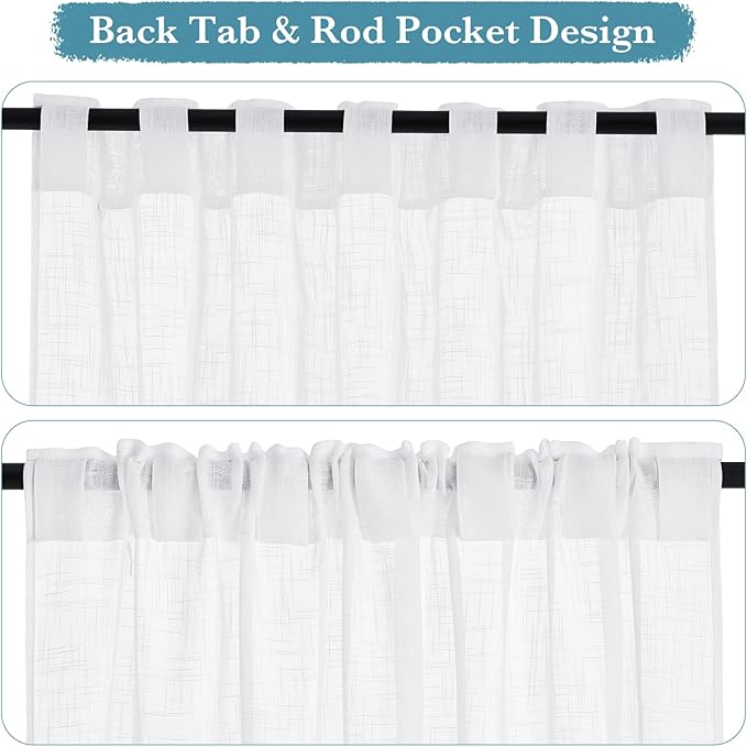 RYB HOME Linen Sheer Curtains for Living Room Textured Semi Sheer Curtains Large Window Treatment for Bedroom Patio Door, White, 52 inch Width x 108 inch Length, 2 Panels