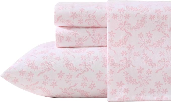 Laura Ashley - Flannel Sheets Twin Size, Anti-Pilling & Wrinkle Resistant Cotton, Touchably Soft for All-Season Comfort - Bed Sheets with Matching Pillowcase & Fitted Sheet (Antoinette Pink)