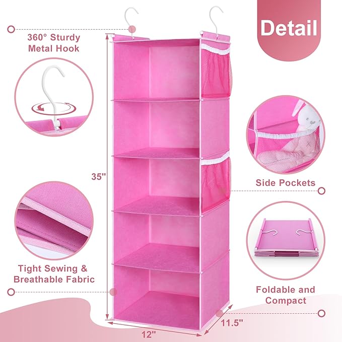 MAX Houser 5-Shelf Hanging Closet Organizer, Hanging Storage Shelves with 4 Side Pockets Space-Saving for Bedroom, Foldable (Pink)