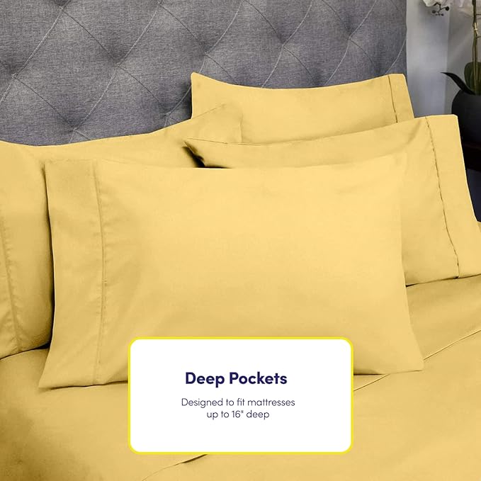 Sweet Home Collection 6 Piece 1500 Supreme Collection Brushed Microfiber Deep Pocket Sheet Set-2 Extra Pillow Cases, Great Value, Rv Short Queen, Yellow