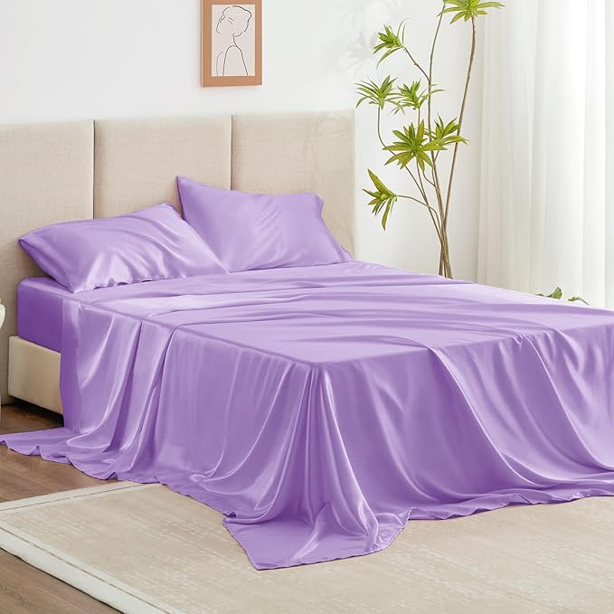 Love's cabin 4Piece California King Satin Bed Linen Set, Lavender Silky Satin Sheets, Deep Pocket, Luxury Silk Feel, 1 Flat, 1 Fitted Sheet, 2 Pillow Cases