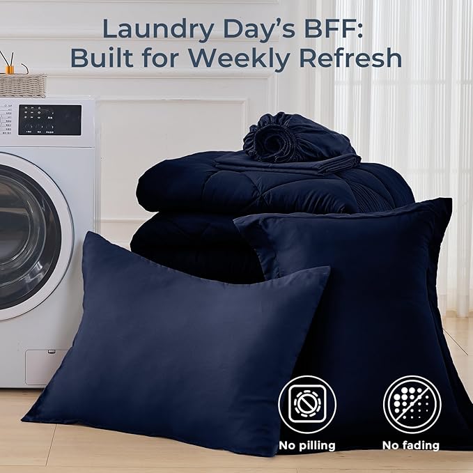 HEVUMYI Navy Blue Twin Comforter Set - 5-Piece All Season Bed in a Bag Twin, Ultra Soft Bedding Set with Comforter, Flat Sheet, Fitted Sheet, Pillowcases, Pillow Shams, Navy Blue