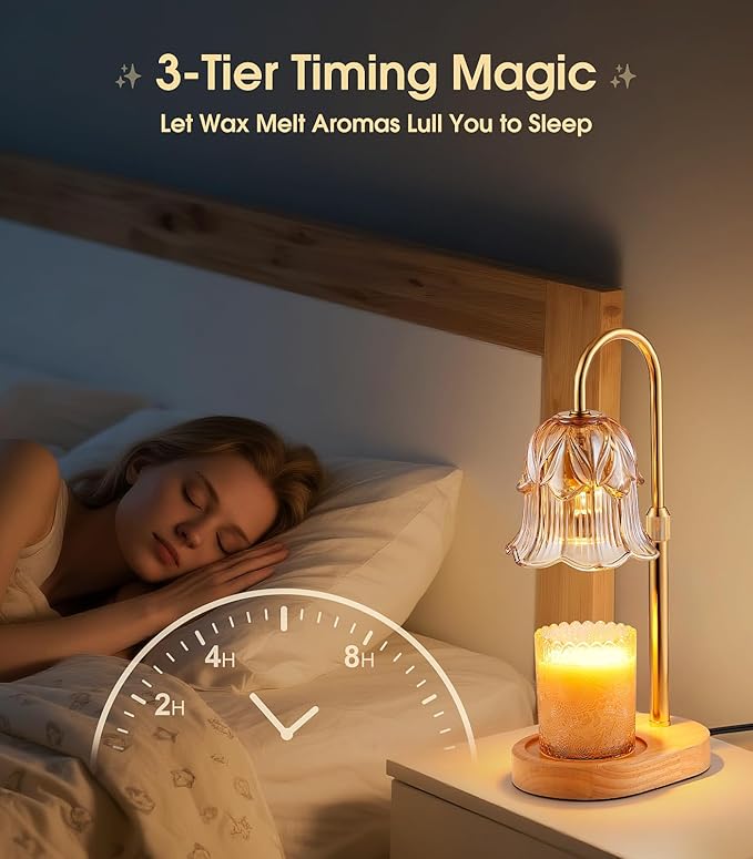 Candle Warmer Lamp Adjustable Timer - Electric Flower Glass Candles Warmers Adjustable Height Dimmable Vintage Base Modern Wax Candles Top Warmers for Small Jar Scented Wax Melts
