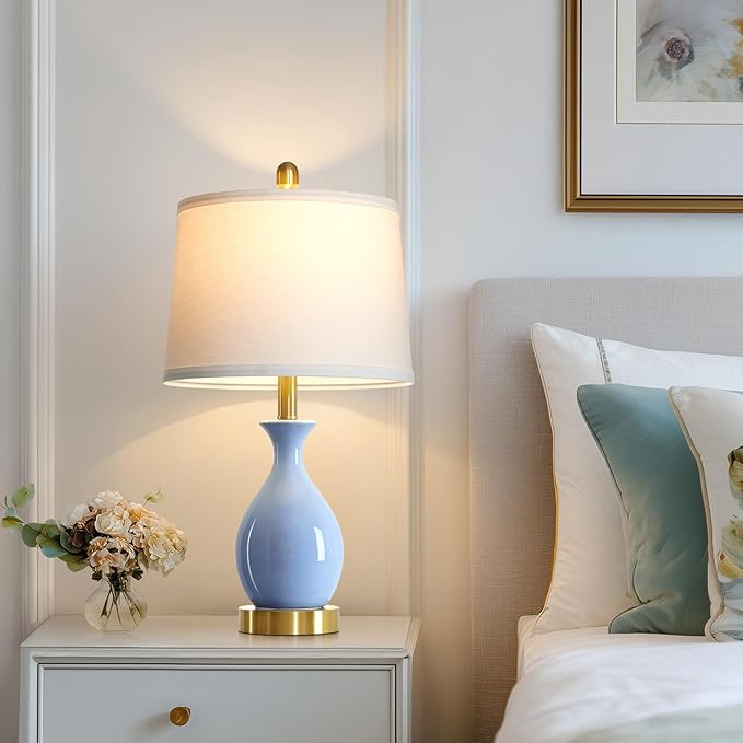 24″ Light Blue Ceramic Table Lamps Set of 2, Modern Classic Bedside Lamps for Bedroom Nightstand, Small Table Lamp for Living Room Side Table (2 LED Bulbs Included)