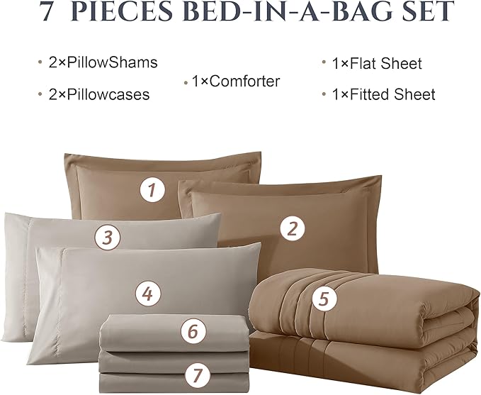 Monbix Full Comforter Set - 7 Pieces Umber Bed in a Bag Full Size Bedding Sets with Comforters, All Seasons Down Alternative Comforter with Sheets,Pillowcases & Shams