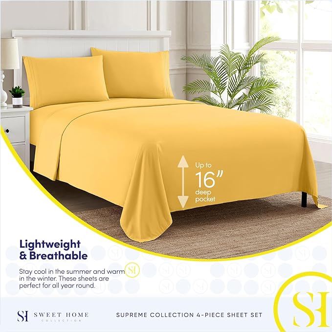RV Queen Bed Sheets - Breathable Luxury Sheets with Full Elastic & Secure Corner Straps Built In - 1800 Supreme Collection Extra Soft Deep Pocket Bedding Set, Sheet Set, RV Short Queen, Yellow