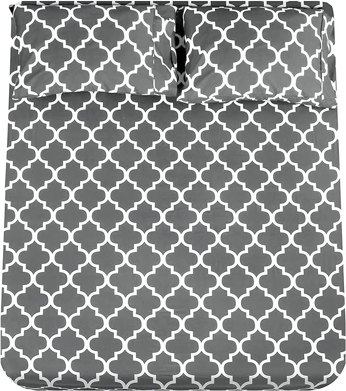 Mejoroom Full Bed Sheet Set - Super Soft Brushed Microfiber 1800 Thread Count Sheets with 16 inch Deep Pocket - Wrinkle Free - 4 Piece(Full, Gray Quatrefoil with White Pattern)