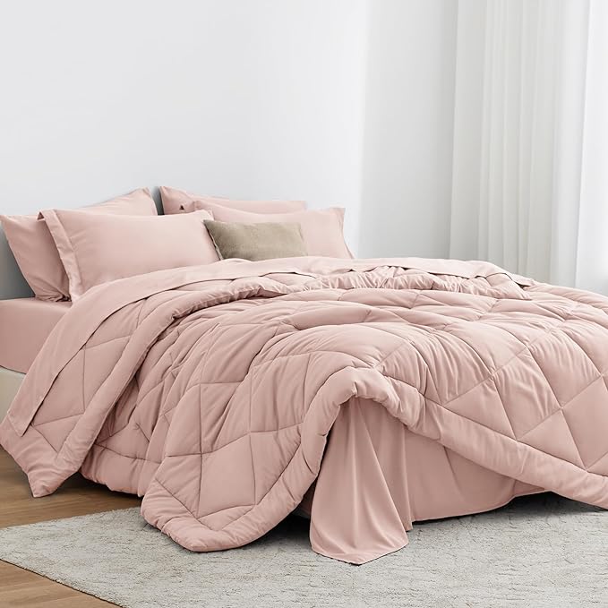 Love's cabin California King Comforter Set Pink, 7 Pieces California King Bed in a Bag, All Season Bedding Sets with 1 Comforter, 1 Flat Sheet, 1 Fitted Sheet, 2 Pillowcase and 2 Pillow Sham