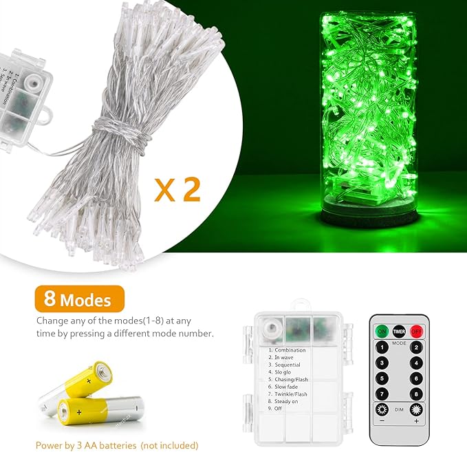 Battery Operated String Lights with Remote Timer - Waterproof, 8 Modes, Green (16.4ft), Indoor/Outdoor Decorations for Bedroom, Garden, Party, Xmas Tree