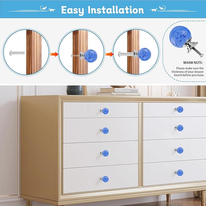 12 Pcs 30mm Round Shape Bubble Crystal Glass Cabinet Knobs with Screws Drawer Knob Pull Handle Used for Kitchen, Dresser, Door, Cupboard (Light Blue)