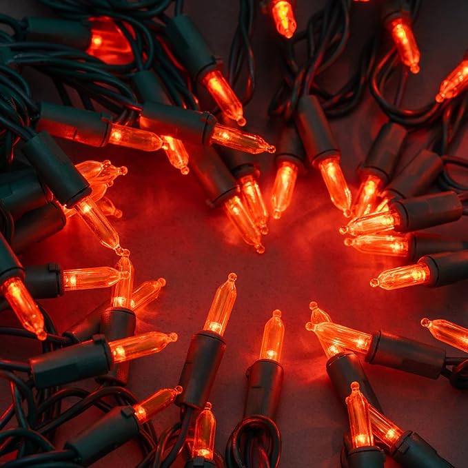 YULETIME 200 Count Orange LED Christmas Lights, 66 Feet Green Wire UL Certified Commercial Grade Holiday String Light Set (Orange)