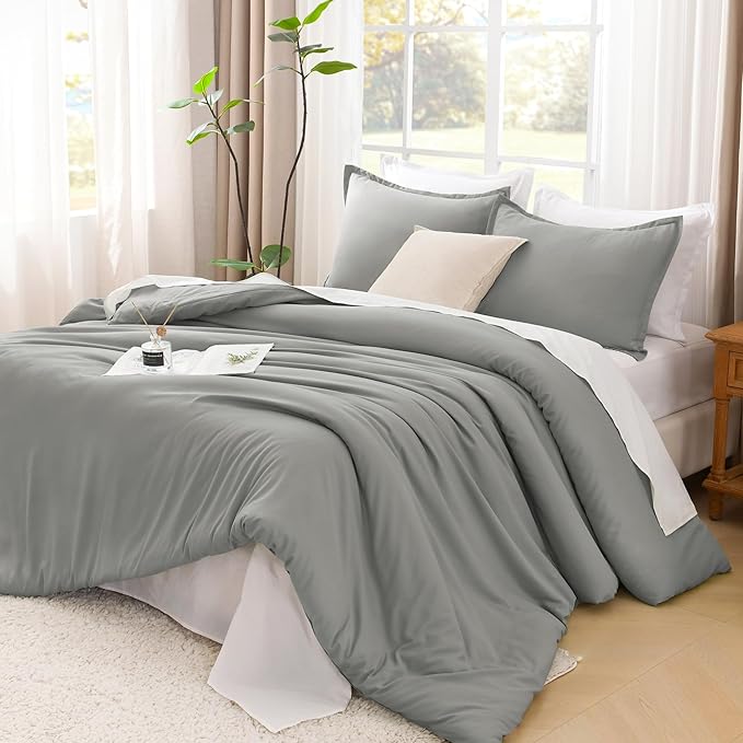 Litanika Comforters Medium Gray Super King Size, 3 Pieces Lightweight Solid Bedding Set & Collections, All Season Fluffy Bed Set (120x120In Comforter & 2 Pillowcases)