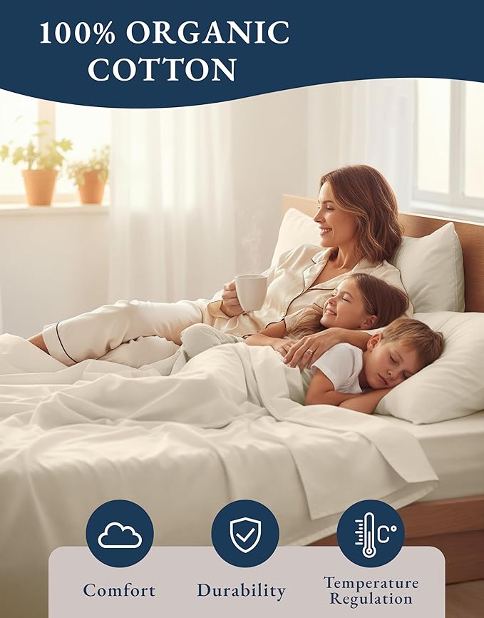LANE LINEN 100% Organic Cotton California King Sheets Set, 4-Piece Pure Organic Cotton Long Staple Percale Weave Soft Best Bedding Sheets for Bed, Breathable, Fits Mattress Upto 15" Deep - Natural