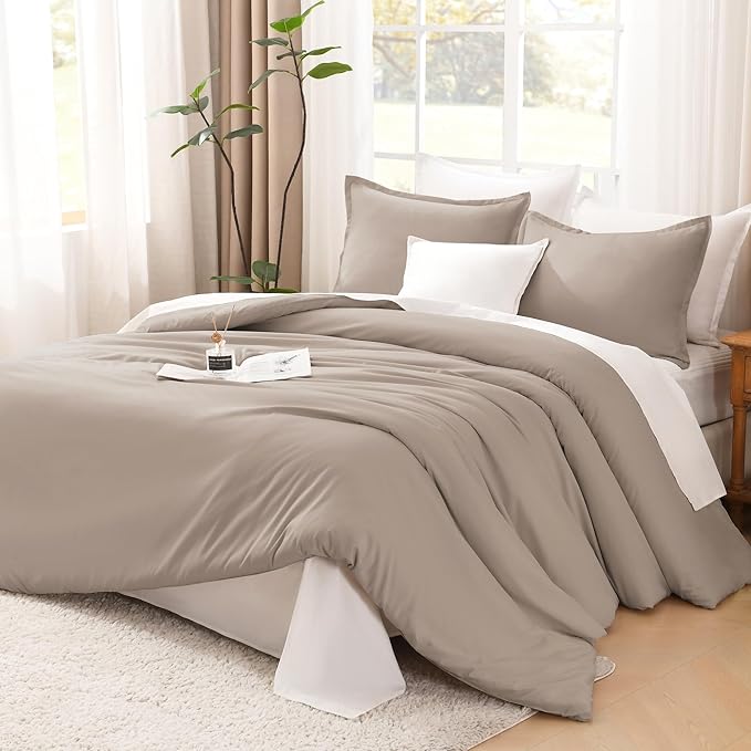 Litanika Light Coffee Oversized King Comforter Set Super King Plus Size, 3 Pieces Lightweight Solid Bedding Comforter Set, All Season Fluffy Bed Set (128x120In Comforter & 2 Pillowcases)