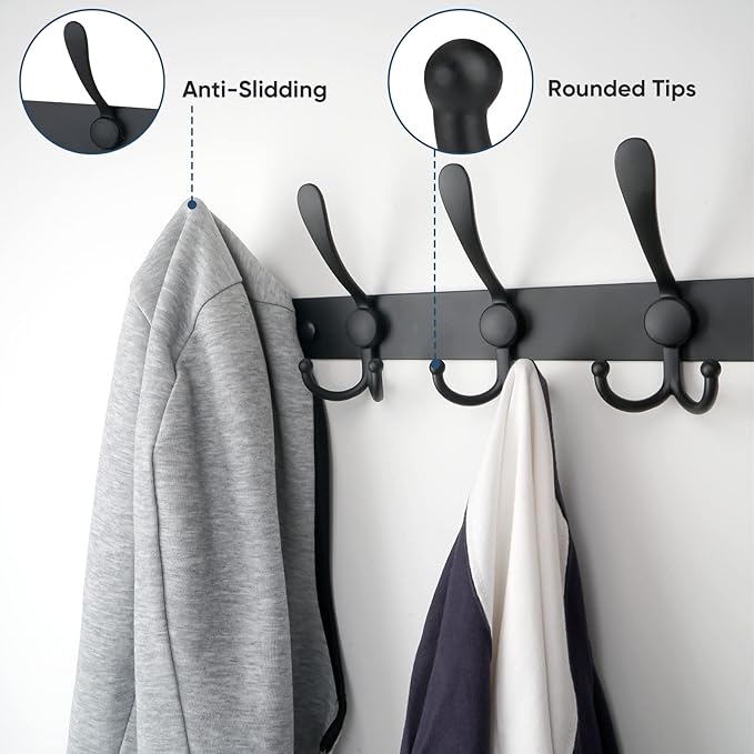 TICONN Wall Mounted Coat Rack, Five Heavy Duty Tri Hooks All Metal Construction for Jacket Coat Hat in Mudroom Entryway (Matte Black, 1-Pack)