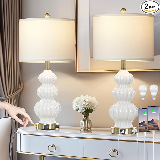 Modern White Table Lamps Set of 2 - Bedside Lamps for Night Stands, 26" Triple Gourd Ceramic Lamps for Living Room with USB A+C Ports & AC Outlet,3 Way Touch Lamps for Bedroom (LED Bulbs Included)