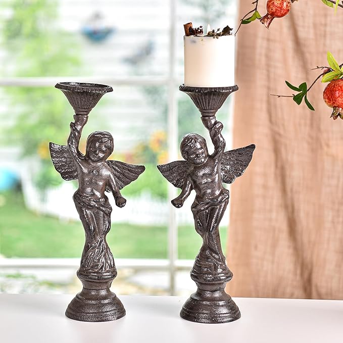 Sungmor Set of 2 Cast Iron Angel Candle Holders, 13.7" Tall Heavy-duty Solid Cherub Candlestick Holders, Vintage EU Style Statue Pillar Column Candle Stands for Wall Shelf Table Center Fireplace Decor