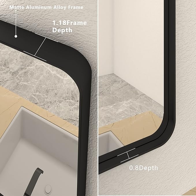 40x36 Inch Black Metal Framed Bathrrom Mirror for Wall, Black Rounded Rectangle Mirror, Matte Black Bathroom Vanity Mirror, Anti-Rust, Tempered Glass, Hangs Horizontally or Vertically