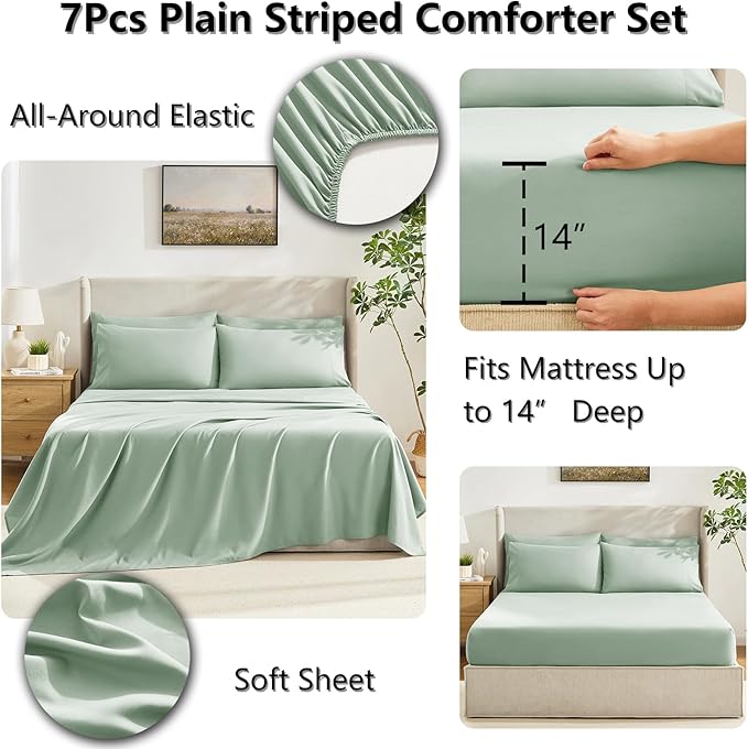 CozyLux Queen Comforter Set Sage Green, 7 Pieces Bed in a Bag, Green Comforter Queen Size, All Season Bedding Sets with Stitch Quilted Comforter, Flat Sheet, Fitted Sheet, Pillowcases