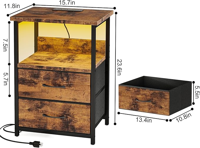Fixwal Night Stand with Charging Station, LED Nightstand with U-S-B Ports and Outlets, 2 Fabric Storage Drawers with PU Finish, Bedside Table, Rustic Brown