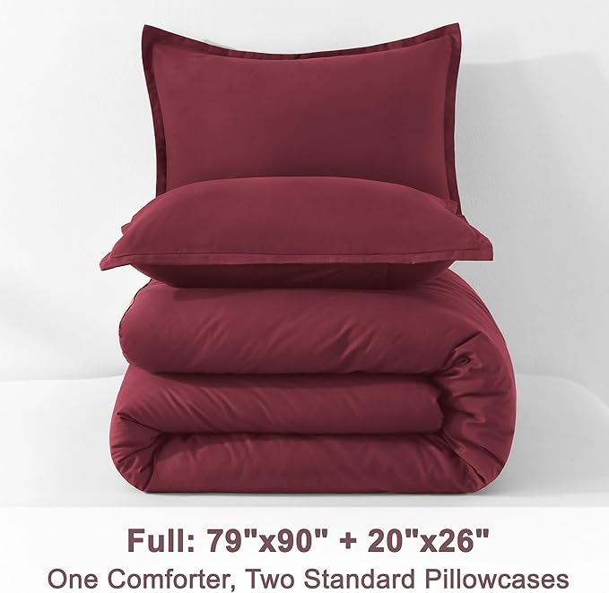 Litanika Burgundy Red Comforter Set Full Size, 3 Pieces Lightweight Solid Bedding Comforter Set, All Season Fluffy Bed Set (79x90In Comforter & 2 Pillowcases)