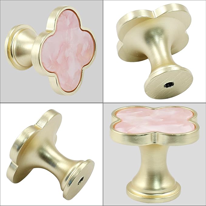 12 Pcs Four-Leaf Drawer Pulls Knobs, Gold Dresser Cabinet Knobs Pulls for Kitchen Cabinet Cupboard Door Furniture Decorative, Pink