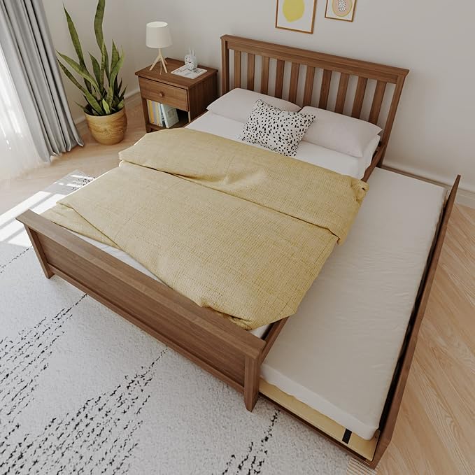 Max & Lily Full Bed, Wood Bed Frame with Headboard for Kids with Trundle, Slatted, Walnut