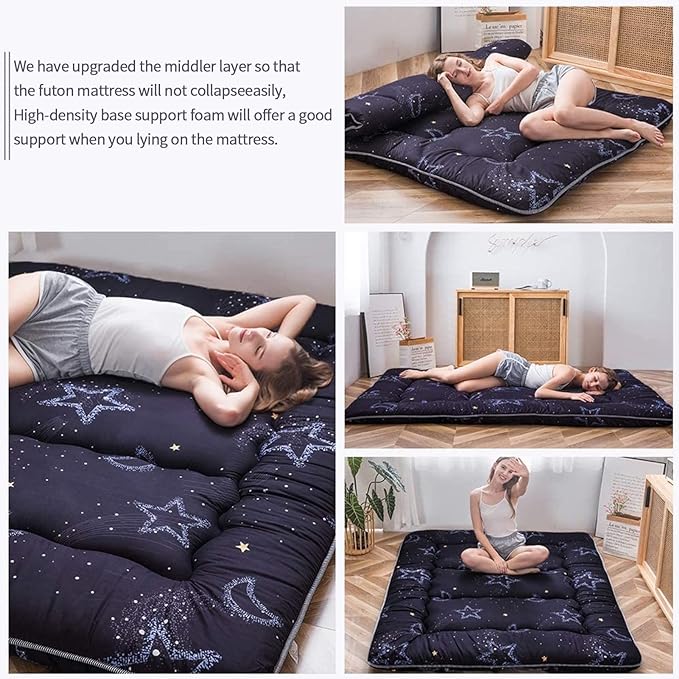 MAXYOYO Japanese Futon Mattress Floor Mattress Sleeping Pad Foldable Bed Roll Up Camping Cushion Floor Lounger Bed Couches and Sofas Couch Topper, Moon and Star, Twin Size