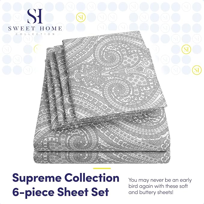 Full Size Bed Sheets - 6 Piece 1500 Supreme Collection Fine Brushed Microfiber Deep Pocket Full Sheet Set Bedding - 2 Extra Pillow Cases, Great Value, Full, Paisley Gray