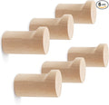 Wood Wall Hooks 6 Pack, Natural Wooden Coat Hooks Wall Mounted, Handmade Rustic Hat Hooks Heavy Duty Entryway Wall Hangers for Hanging Towels, Clothes, Bags (Beech Wood)