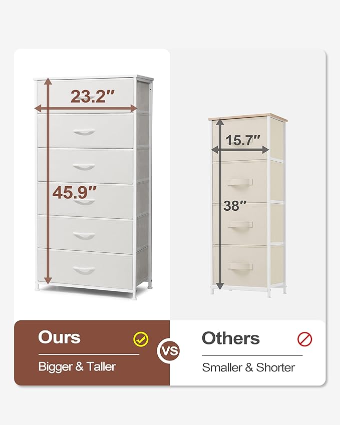 Crestlive Products Dresser for Bedroom with 6 Drawers, Tall Chest of Drawers, White Dressers Bedroom Furniture, Storage Organizer Unit with Bins for Closet, Hallway, Living Room, Entryway