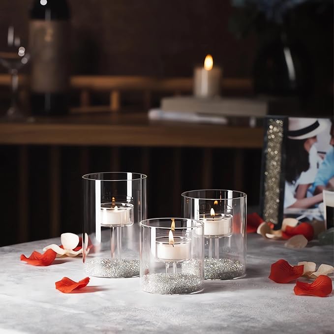 Set of 3 Cylinder Glass Decorative Hurricane Candle Holder Clear Votive Candle Holders Table Centerpieces for Dining Room Wedding Parties Home Decorations