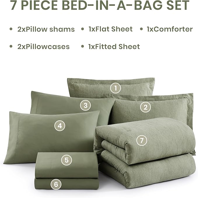 Monbix California King Comforter Set - 7 Pieces Cationic Dyeing Sage Green Bed in a Bag Cal King Bed Sets with Comforter, Sheets, Pillowcases & Shams, Reversible Bedding Comforters Sets (108 * 92)