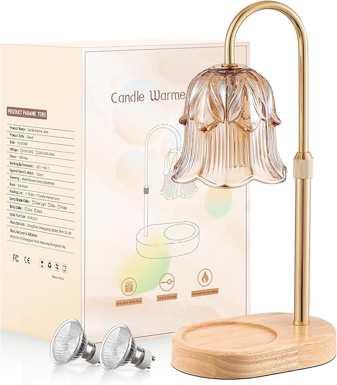 Candle Warmer Lamp Adjustable Timer - Electric Flower Glass Candles Warmers Adjustable Height Dimmable Vintage Base Modern Wax Candles Top Warmers for Small Jar Scented Wax Melts