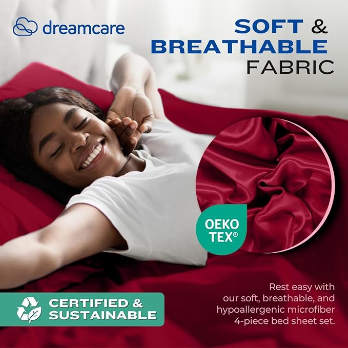 DREAMCARE Queen Sheet Set – 4 pcs Cooling Sheets – up to 21” Extra Deep Pocket Queen Sheets – Hotel Luxury Sheets & Pillowcases – Superior Softness 100% Fine Microfiber with Side Pocket – Burgundy