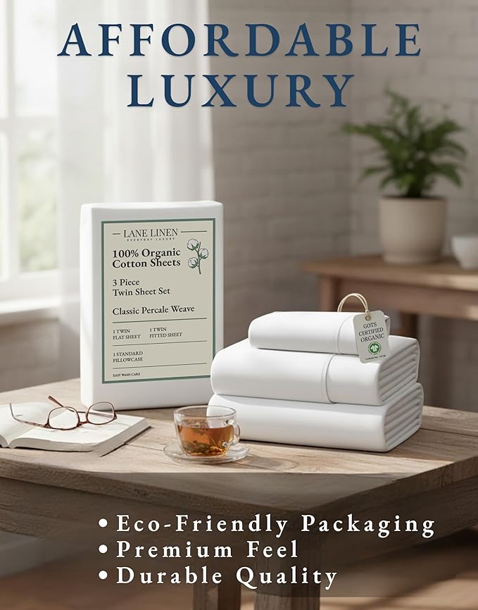 LANE LINEN 100% Organic Cotton Twin Sheets Set, 3Pc Twin Bed Sheets, Soft & Comfy Breathable Cotton Percale Sheets for Twin Size Bed, Dorm Room Essentials Low Pill Fade Resistant White Sheets