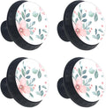 4 PCS Knobs for Dresser Drawers, Pink Flowers Green Leaves Branches ABS Round Kitchen Cabinet Handles Pulls for Kitchen Cupboard Wardrobe Hardware Bedroom