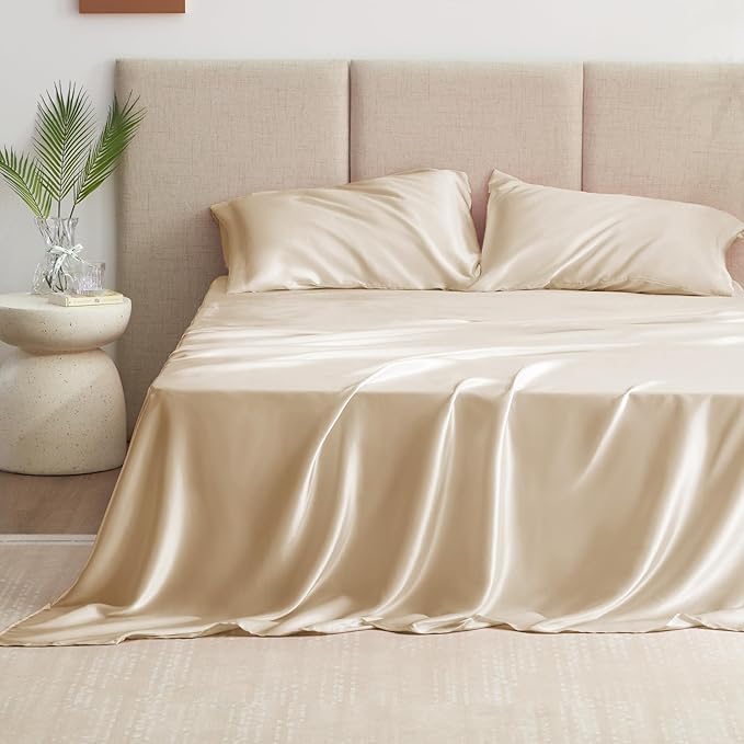 Love's cabin Twin Satin Sheets Sets - 3 Piece Beige Silky Bed Sheets with Deep Pockets, Luxury Silk Feel Satin Twin Size Sheet Set Bedding Set (1 Flat Sheet,1 Fitted Sheet,1 Pillow case)